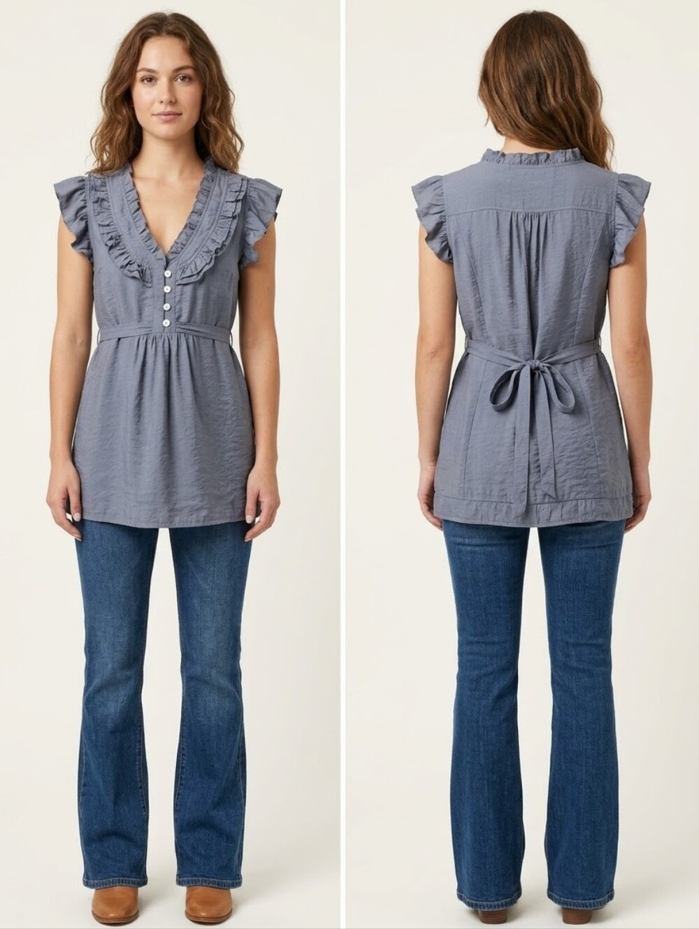 Jean Machine Y2K Vintage Cotton Silk Ruffle V-Neck Blouse Top Purple Grey Small